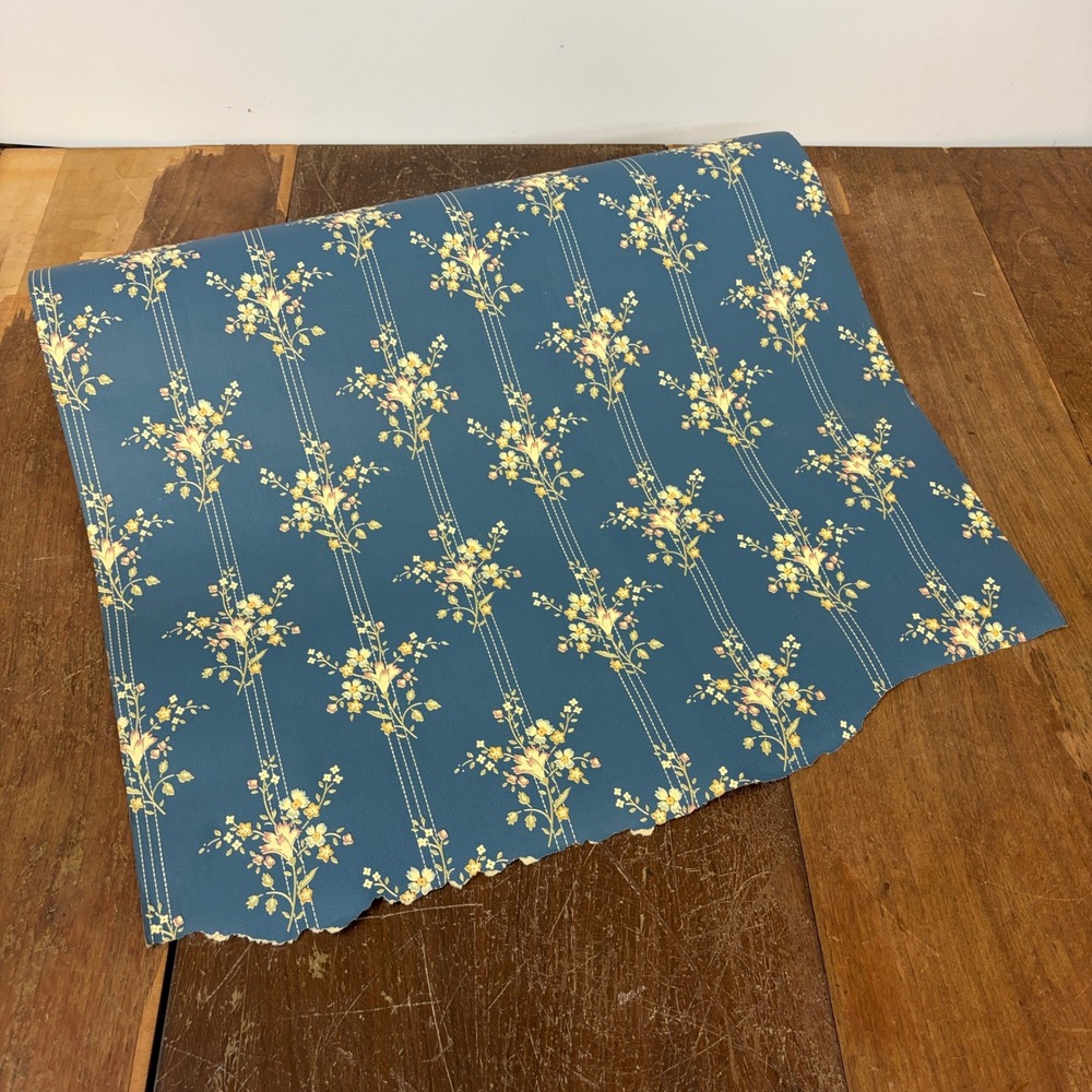 Vintage Floral Wallpaper Roll Blue Gold Victorian Cottagecore 20.5 Inch Wide